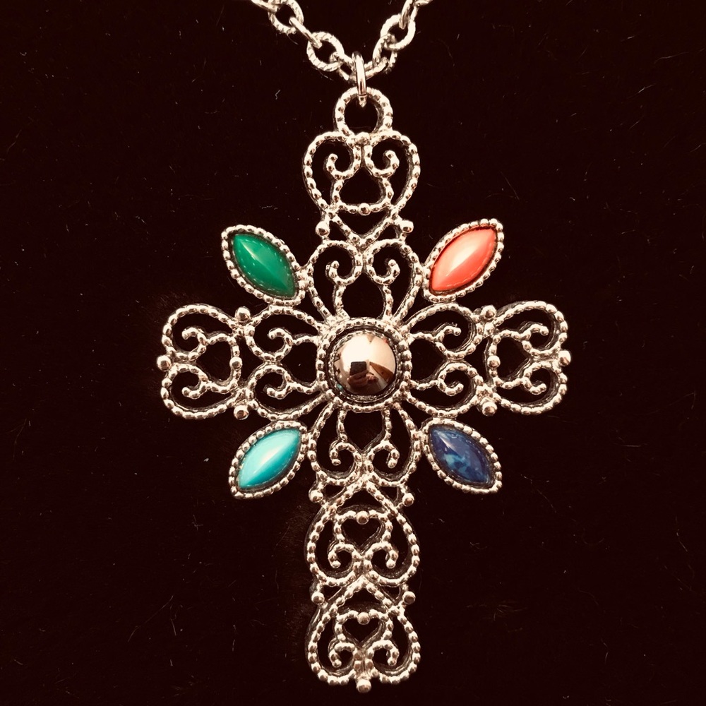 Vintage Avon Filigree Cross Pendant Necklace - Multicolored Stones - Romanesque